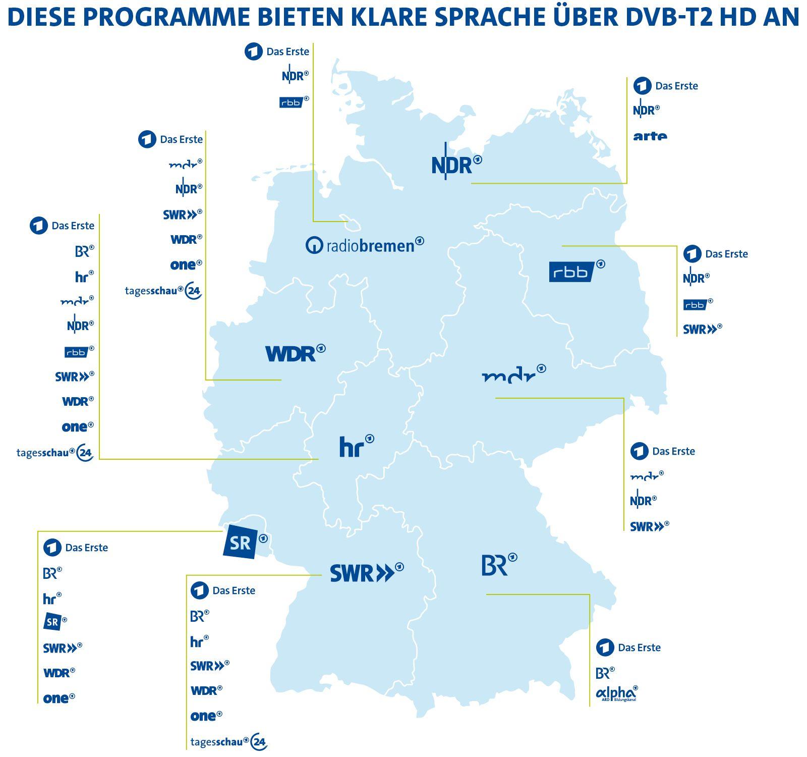 Deutschlandkarte mit den ARD-Programmen, die "Klare Sprache" über DVB-T2 HD anbieten.